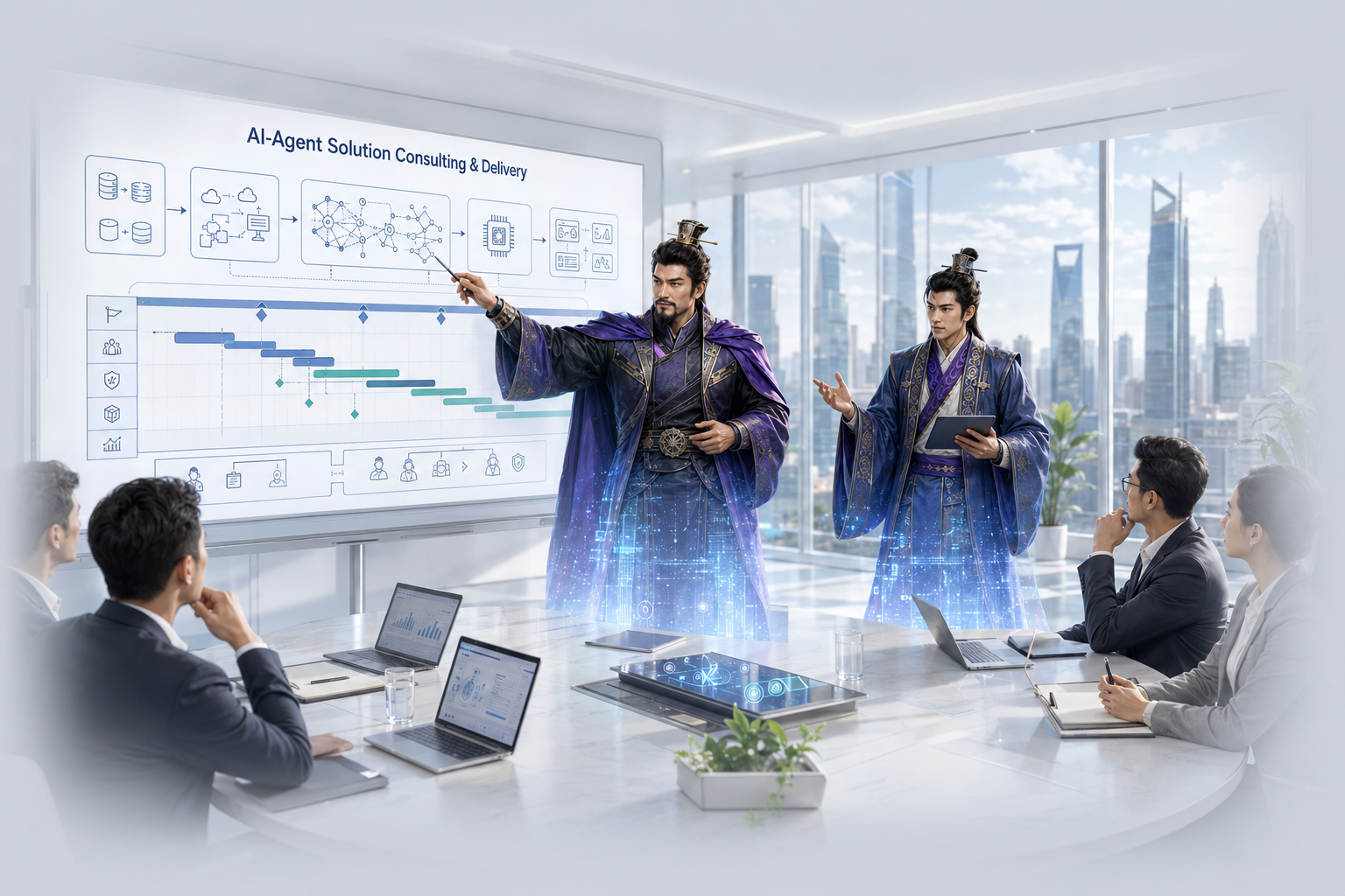 桐创企业服务 — 顾问在会议室向企业团队讲解 AI 智能体方案咨询与交付