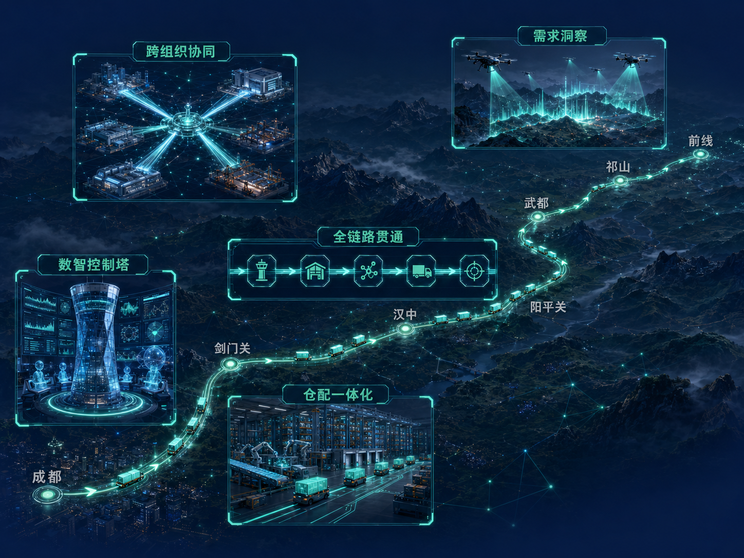 多组织供应链智能运营全景 — 跨组织协同、需求洞察、全链路贯通、数智控制塔、仓配一体化